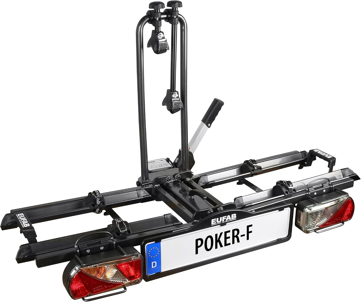 EUFAB 12010LAS Fahrradträger POKER-F, 142 × 70 × 58 cm, Schwarz, E-Bike geeignet, Komplett vormontiert, Diebstahlschutz, Für 2 Fahrräder