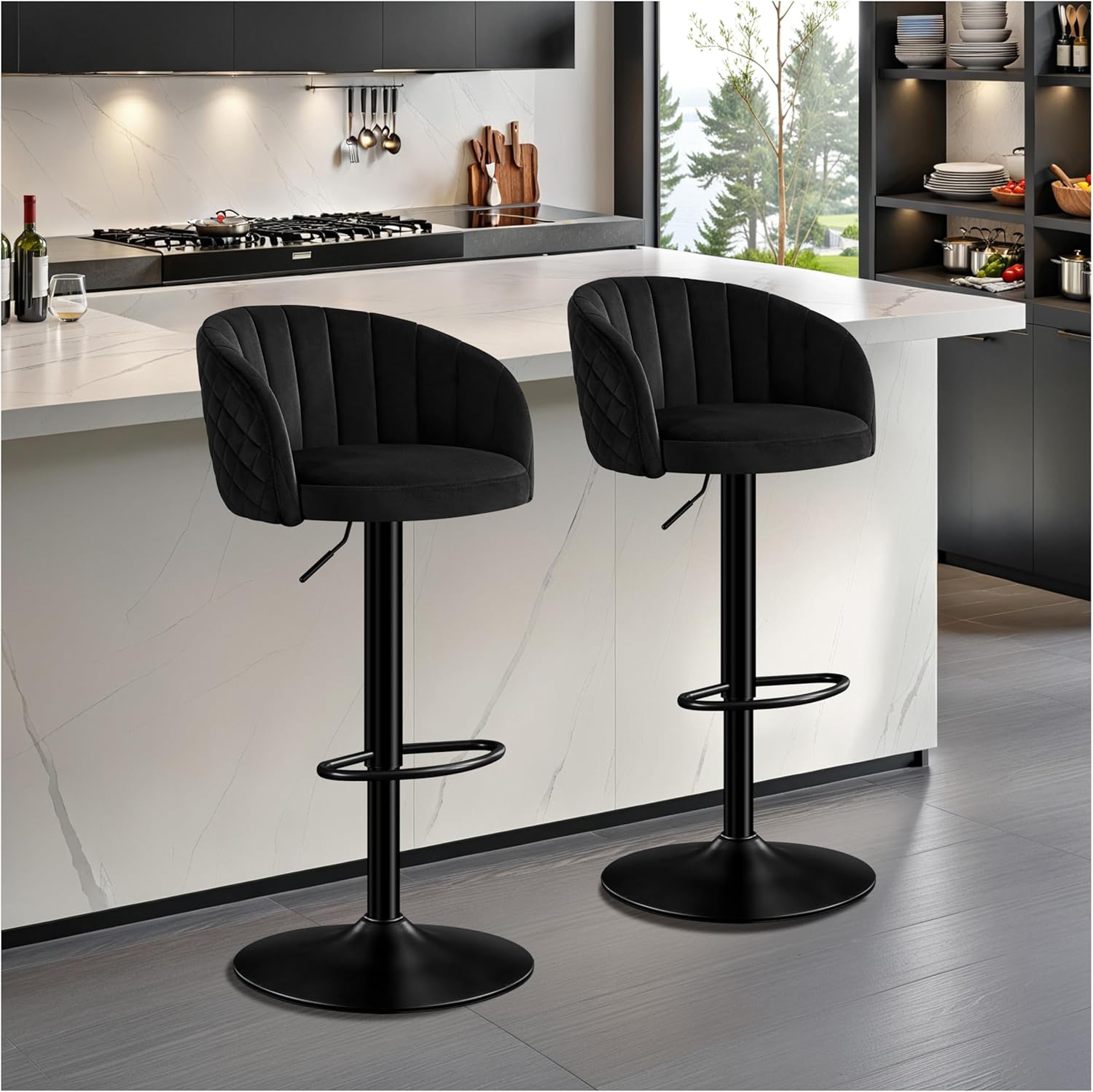 STOOLINK 2er Set Barhocker Höhenverstellbar Barstuhl Milch-samtstoff, Bistro-Schwarz, Tresenhocker 360° Drehbar, Café