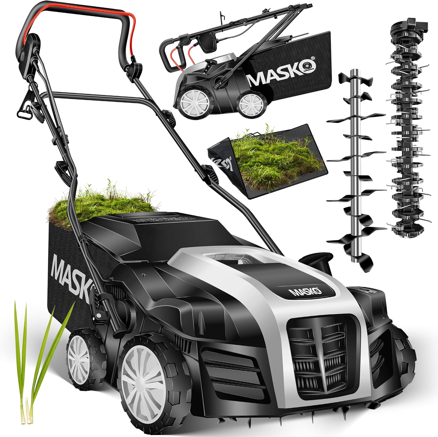 MASKO Elektro 2in1 Vertikutierer Rasenlüfter 1800 W 40 cm Arbeitsbreite 55 l Fangkorb mit Lüfterwalze Lüfter Moosentferner, 20 Stahlmesser