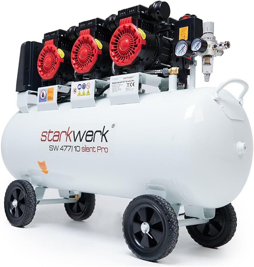 Starkwerk Flüsterkompressor Druckluftkompressor Kompressor 10 Bar 3,3 KW 4,5 PS 400 Volt SW 477/10 Compressor inklusive Druckminderer und