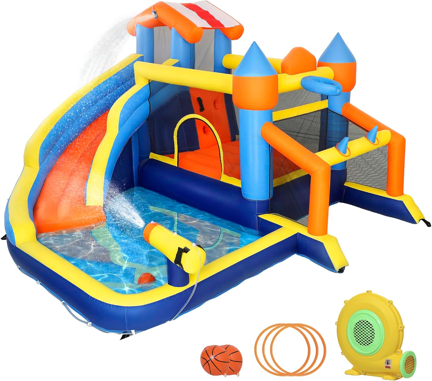 AIYAPLAY Hüpfburg mit Gebläse 8-in-1 aufblasbare Wasserpark mit Wasserrutsche Planschbecken Trampolin Kletterwand Basketballkorb Springburg für 4