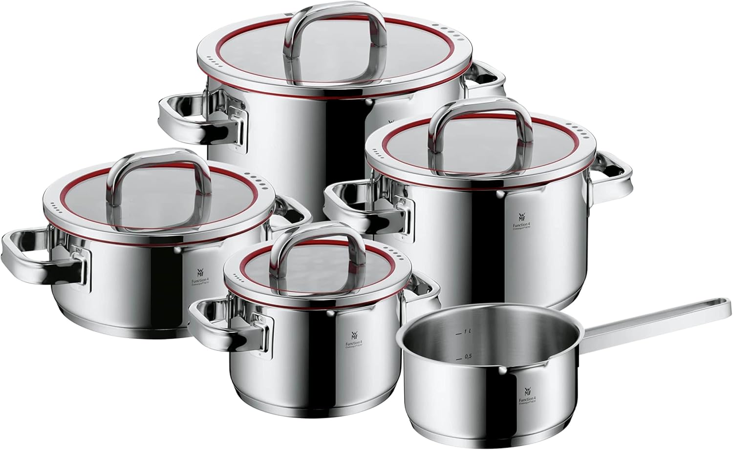 WMF Function 4 Topfset Induktion 5-teilig, Induktions Töpfe Set, Glasdeckel mit 4 Abgießfunktionen, Cromargan Edelstahl poliert, Innenskalierung