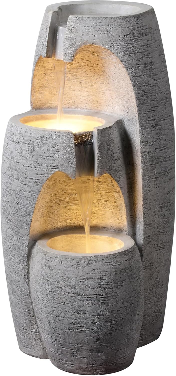 Teamson Home Garten Outdoor Brunnen Moderner 3-stufiger Bodenspringbrunn, 71 cm hoch, LED, Einstellbarer Fluss, graues Steinoptik-Finish