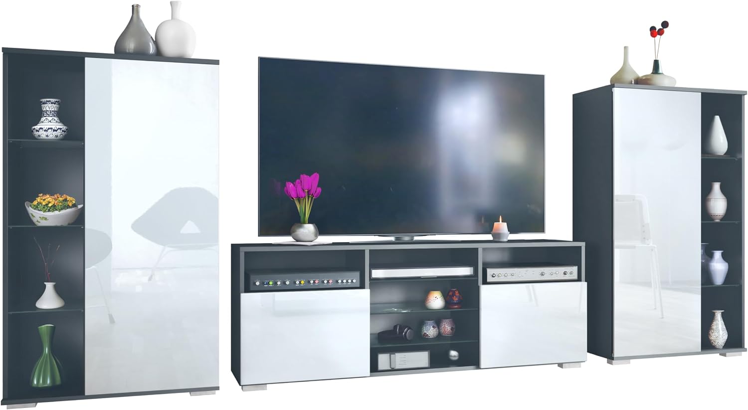 Vladon Wohnwand Davos, 329 × 134 × 35 cm, Anbauwand bestehend aus 2 Vitrinen und 1 TV-Board, Anthrazit matt/Weiß Hochglanz