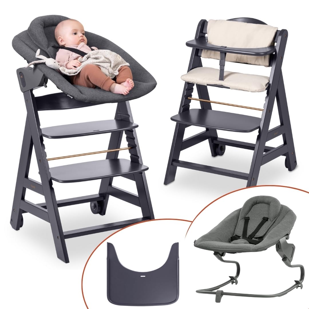 Hauck Beta+ Hochstuhl Newborn Set mit Premium Bouncer, Inkl. Neugeborenenaufsatz, Mitwachsender Holz Kinderhochstuhl mit Rollen ab Geburt bis 90 kg