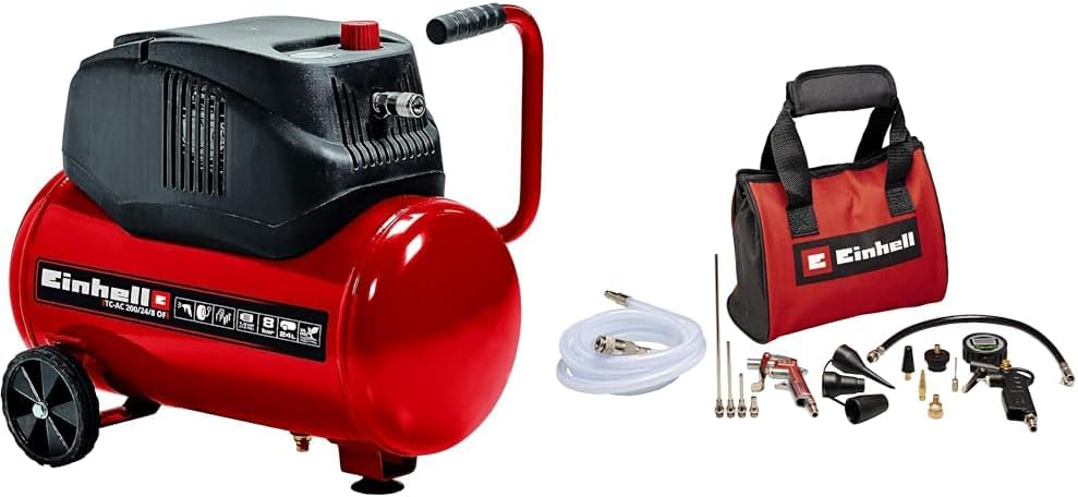 Einhell Kompressor TC-AC 200/24/8 OF, Inkl. 15-tlg. Druckluftset mit Tasche, 1200 W, 24 l-Tank, 180 l/min Ansaugleistung, Max. 8 bar, Ölfrei