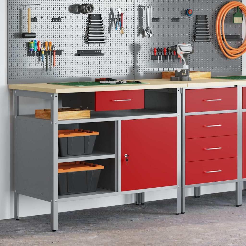 QUAHEAS Werkbank mit Schubladen mit Regal, 85 cm, Stahl Arbeitstisch mit Holzplatte, Werkstatt Packtisch mit Stauraum, Werkzeugaufbewahrung
