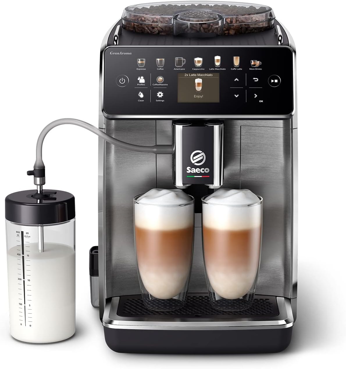PHILIPS Saeco GranAroma Kaffeevollautomat, Edelstahl-Schwarz (SM6585/00), 4 Benutzerprofile, intuitives Farbdisplay, Keramikmahlwerk