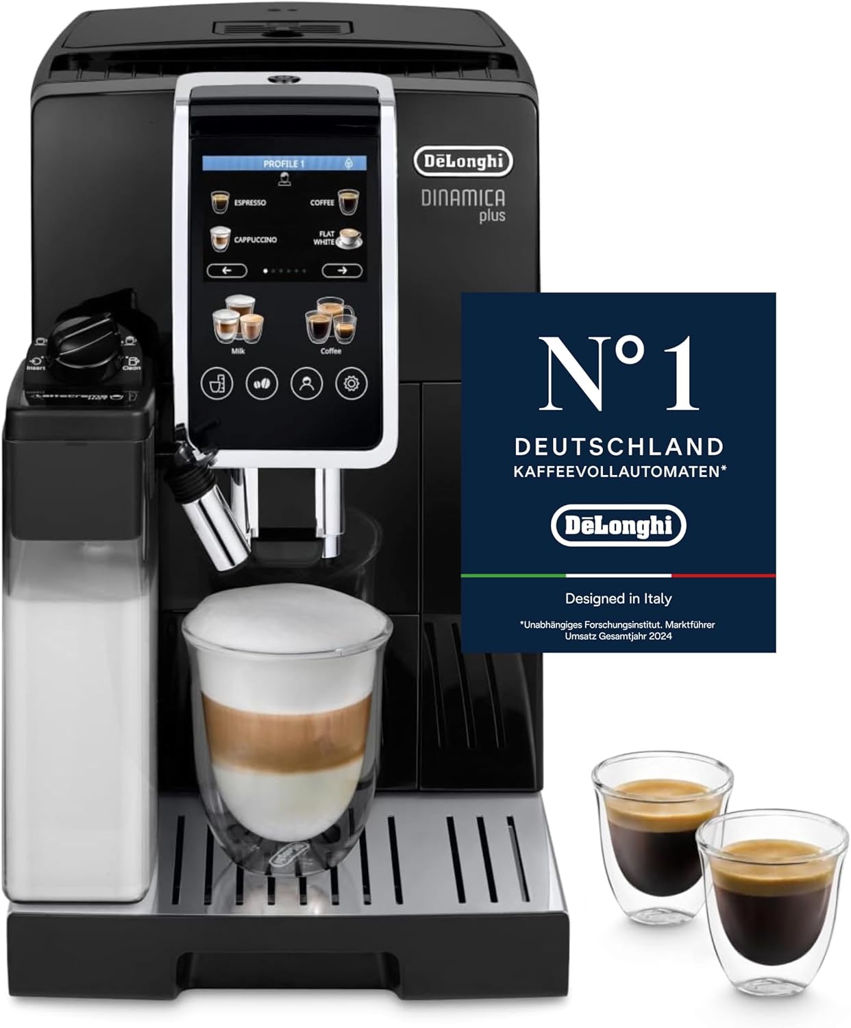De'Longhi Dinamica Plus ECAM382.70.B, 1450 W, Schwarz, Kaffeevollautomat für Kaffeebohnen, Cappuccino-Maschine mit LatteCrema Hot