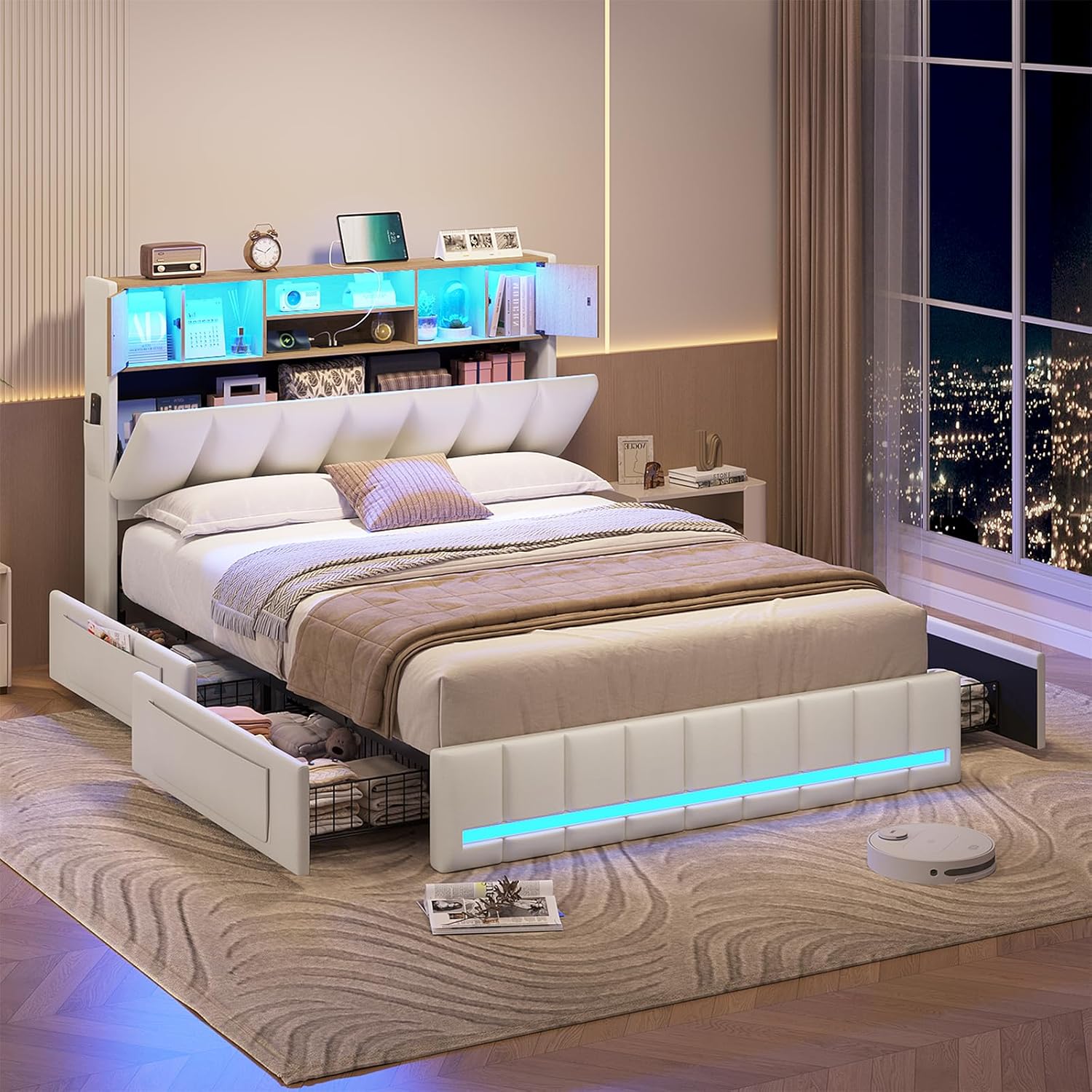 KIMENICH Bett 140 × 200 cm, Doppelbettgestell, Bett mit LED-Beleuchtung, Polsterbett, 4 Schubladen, Ladestation, Für Schlafzimmer, Weiß + Natur