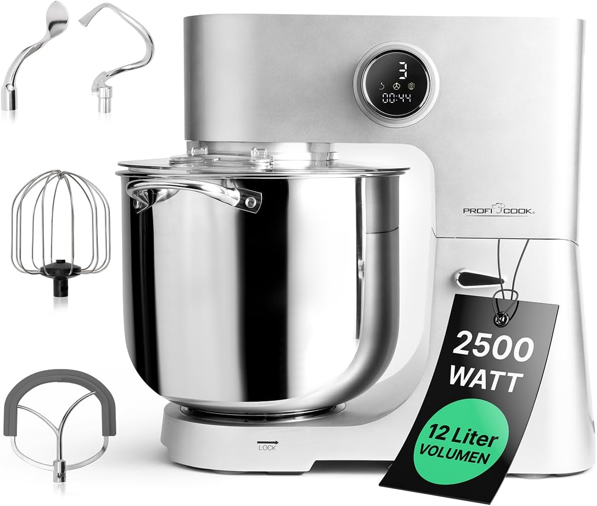 Profi Cook ProfiCook Küchenmaschine mit XXL 12L Schüssel, Food Processor für bis zu 8, 5 kg Teig, Knetmaschine mit 2500W, 13 Geschwindigkeiten