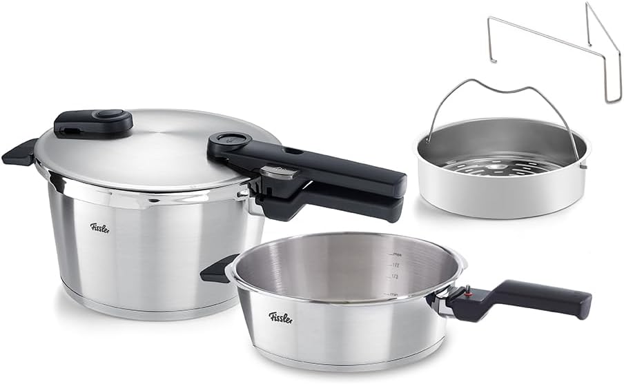 Fissler Vitaquick Premium/Schnellkochtopf-Set 2-teilig, 22 cm, Schnellkochtopf 4,5 l + Schnellbratpfanne 2,5 l, M. Einsatz, 2-Garstufen, Induktion