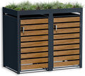 Metzler Mülltonnenbox 2er 240 l in Anthrazit & Holzoptik mit Pflanzdach & Sichtstreifen, Mülltonnenverkleidung 2 Tonnen mit Automatikdeckel