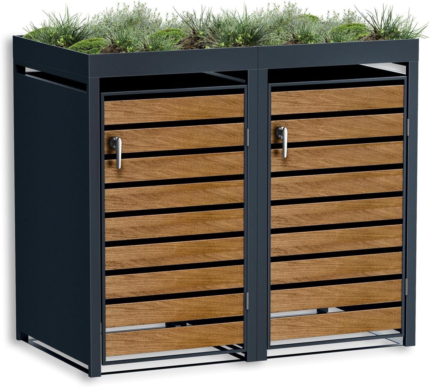 Metzler Mülltonnenbox 2er 240 l in Anthrazit & Holzoptik mit Pflanzdach & Sichtstreifen, Mülltonnenverkleidung 2 Tonnen mit Automatikdeckel