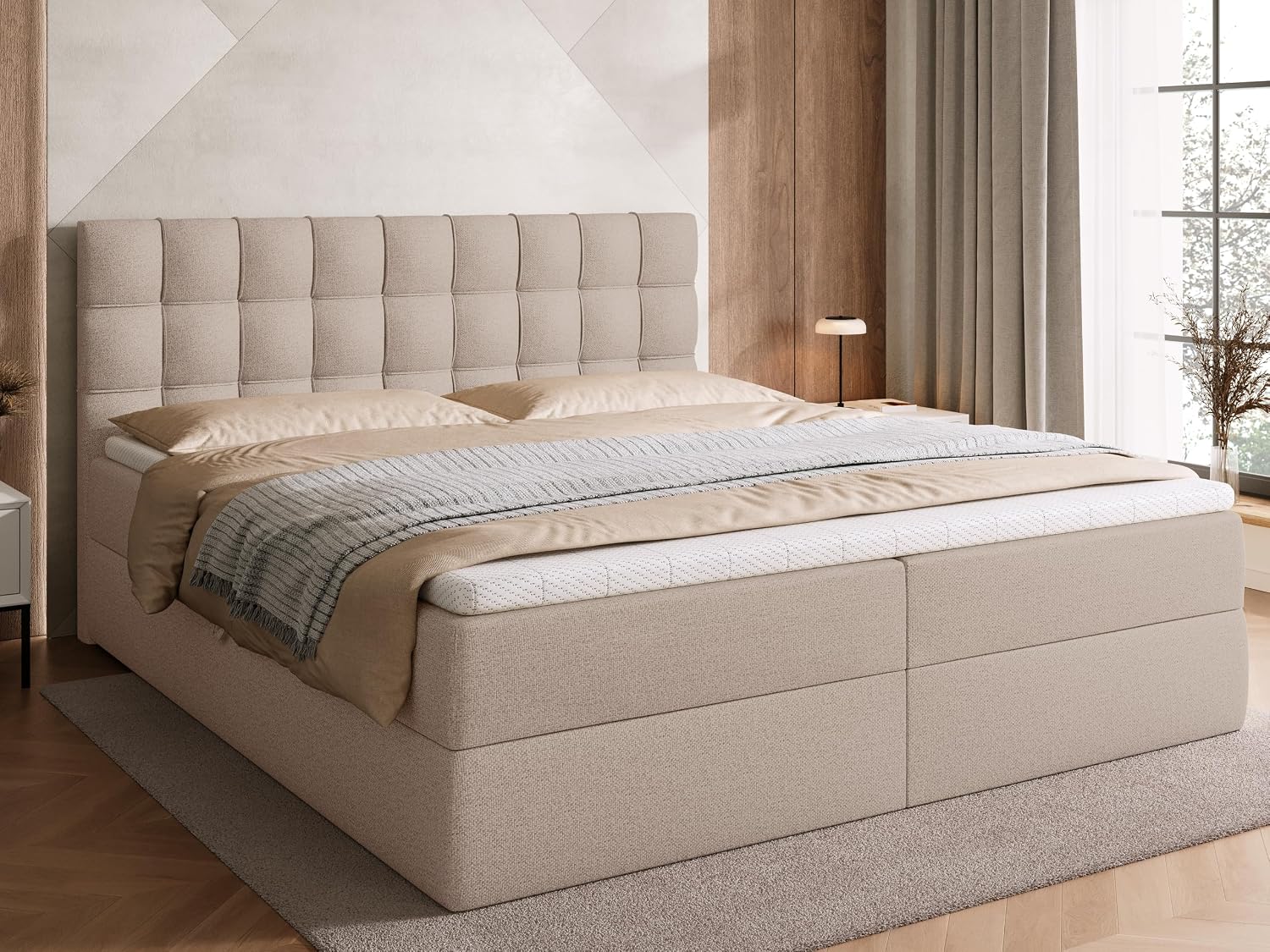 BROMARKT Boxspringbett mit Bonell Matratze und Bettkasten Doppelbett mit Topper 180 × 200 cm Härtegrad H3 Bett für Schlafzimmer gepolsterte Kopfstütze
