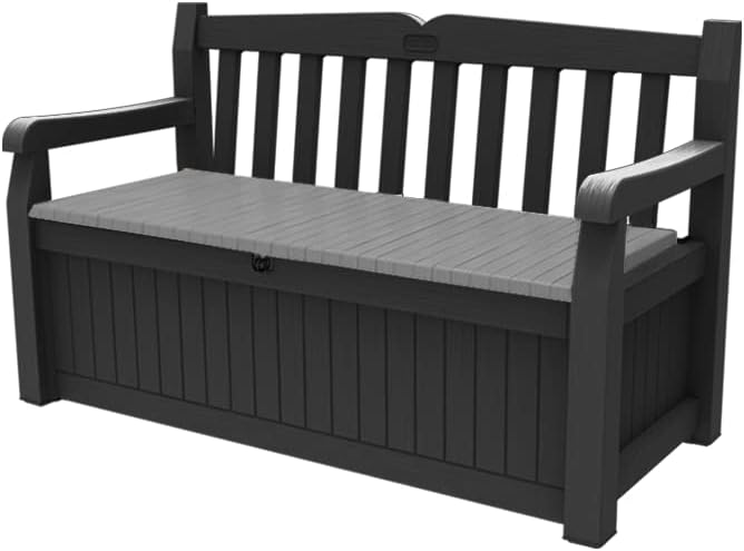 Keter Sitzbank Eden für Balkon und Garten, Gartenbank mit integrierter Kissenbox mit 265 l Stauraum, 140 × 60 × 84 cm, Grau, Wetterfest, Pflegeleicht