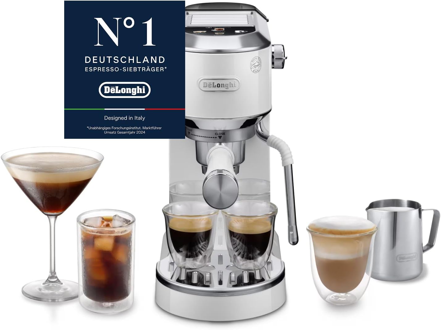 De'Longhi Dedica Duo, 15 cm breit, EC890.WI, Perfetto Kompakte Siebträgermaschine Espressomaschine mit Soft-Touch-Icons, Cappuccino und Cold Brew