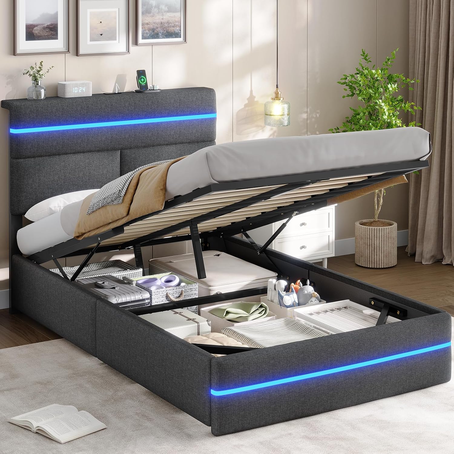 AOGLLATI Bett 90 × 200 mit Hydraulischem Stauraum, Ohne Matratze, Polsterbett mit LED-Kopfteil & Ladestation, 3 USB + 1 Type-C, Dunkelgrau Leinen