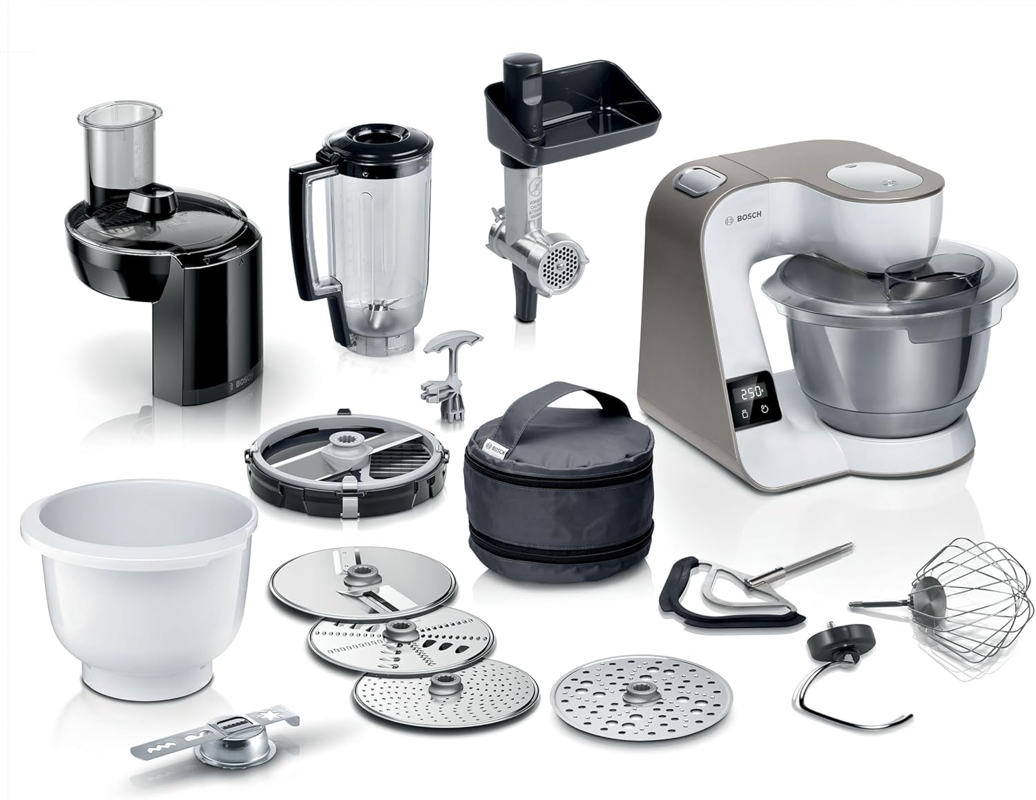 Bosch Küchenmaschine Serie 4 mit Waage, 1000 W, MUM5XL74, Edelstahl-Schüssel spülmaschinenfest, Fleischwolf, Planetenrührwerk, 3 Scheiben