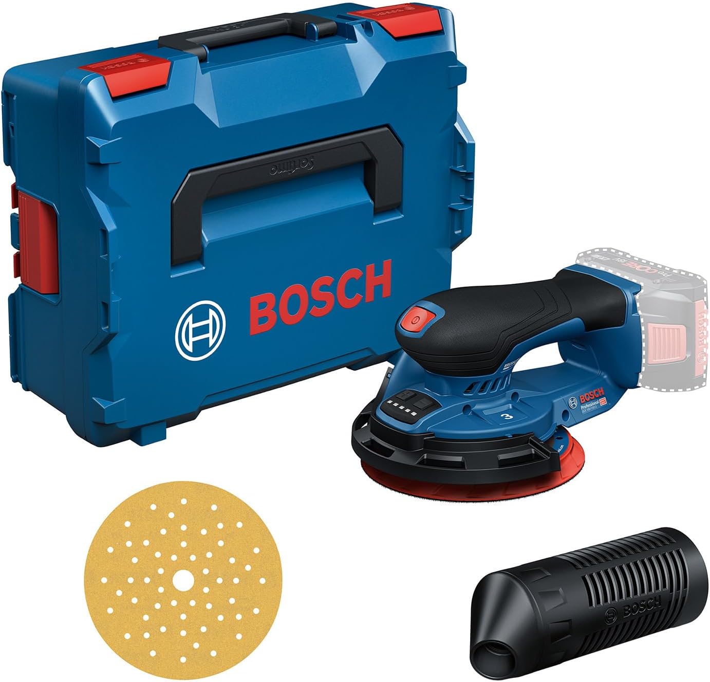 Bosch Professional 18 V System Akku-Schleifer GEX 18 V-150-3, Inkl. 1x Schleifpapier, 1x Staubbox, 1x Schutzring, L-BOXX 162