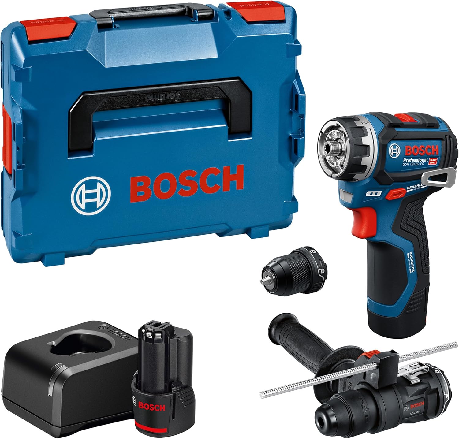 Bosch Professional 12 V System Akku-Bohrschrauber GSR12 V-32FC inkl. 2, 2, 0 Ah, Zusatzhandgriff, Tiefenmesser, SDS plus verwandelt werden