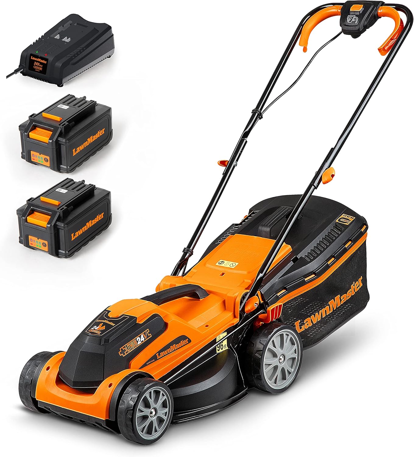 LawnMaster CLMF2434 G Akku-Rasenmäher 24 V Max 2 × 4.0 Ah Batterie, 34 cm, 300m2 Mulchen 32 l, 20-70 mm 6-Stufige Schnitthöhenverstellung
