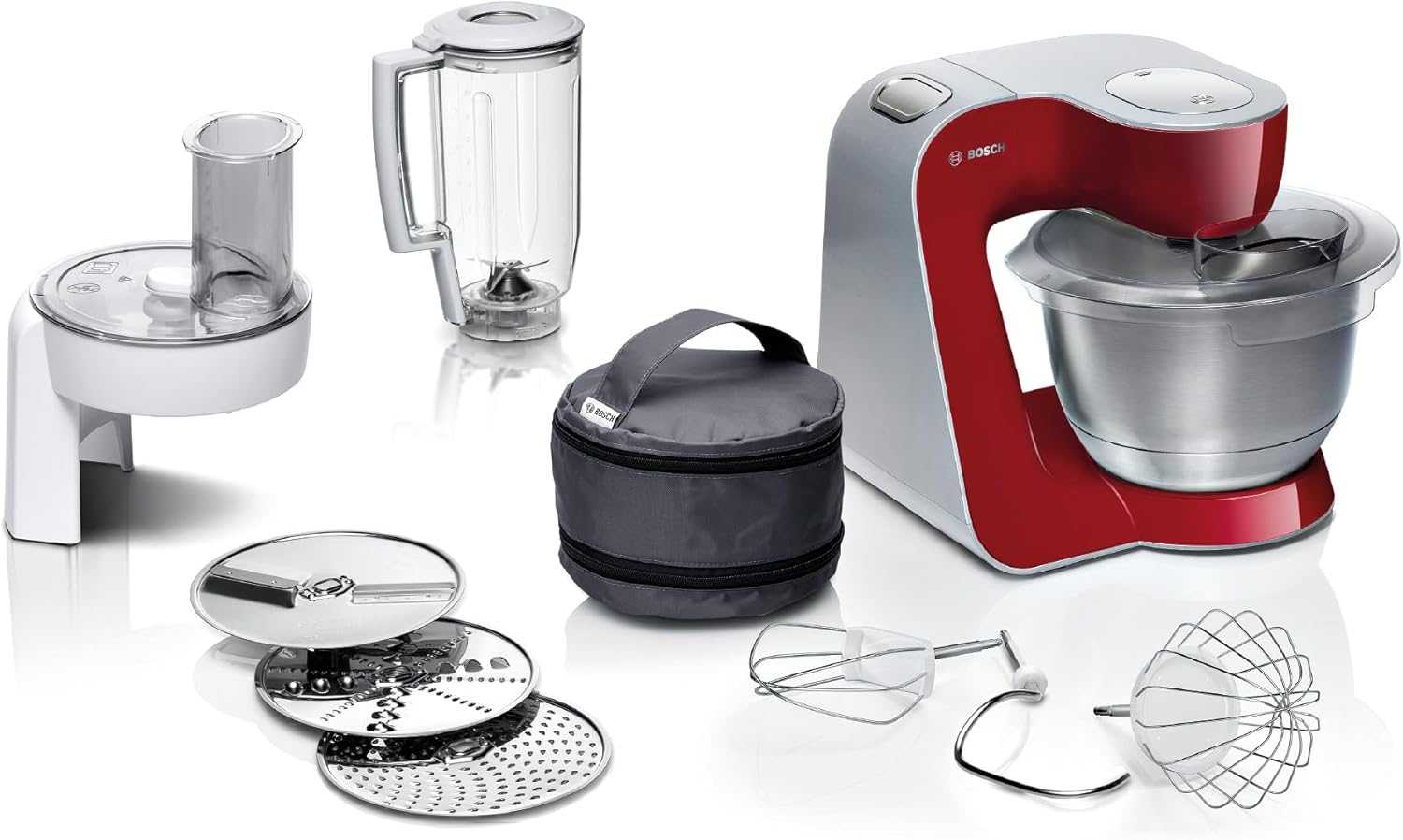 Bosch Küchenmaschine Serie 4, Edelstahl-Schüssel 3,9 l spülmaschinenfest, Mixer 1,25 l, 1000 W, MUM58720, Planetenrührwerk, Schlag, 3 Scheiben