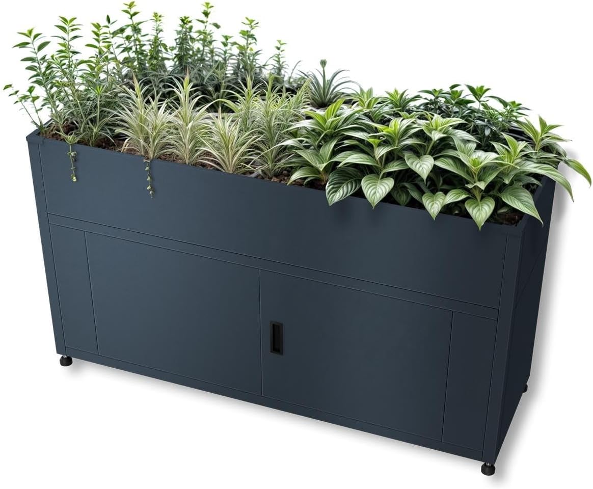 Metzler Hochbeet für den Garten mit Stauraum, 160 × 85 × 50 cm, Pulverbeschichteter Stahl in Anthrazit RAL 7016, Pflanzenbeet, Blumenhochbeet