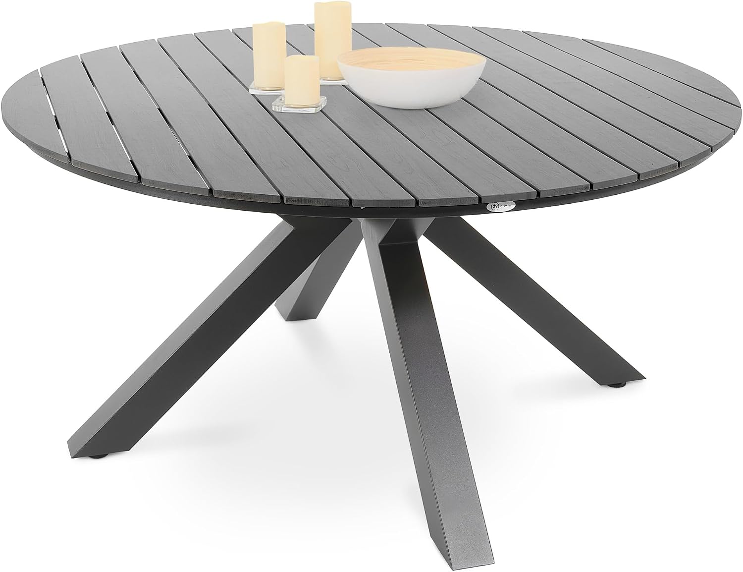 Di volio Gartentisch Ravello rund 150 cm aus Aluminium in Holzoptik, Schwarz, Wetterfester Tisch für Garten und Terrasse