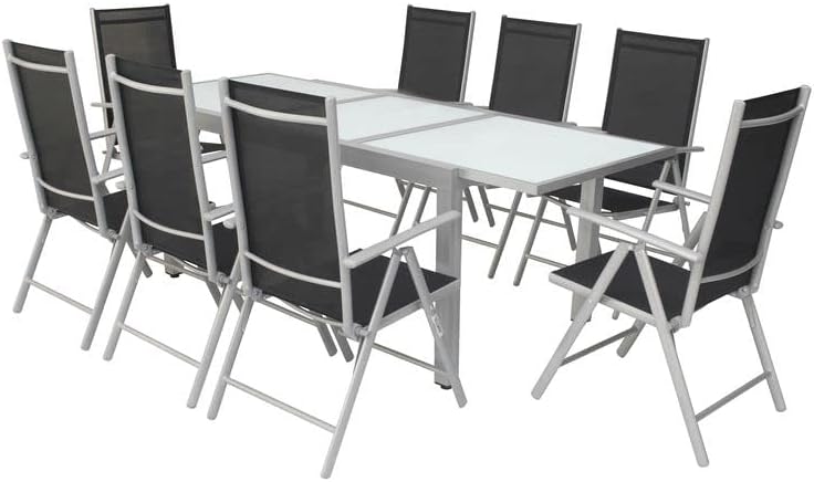 Villana Garten-Essgruppe, Tisch 160/220 cm, Silber/schwarz, Alu/Textil, 8 Klappstühle