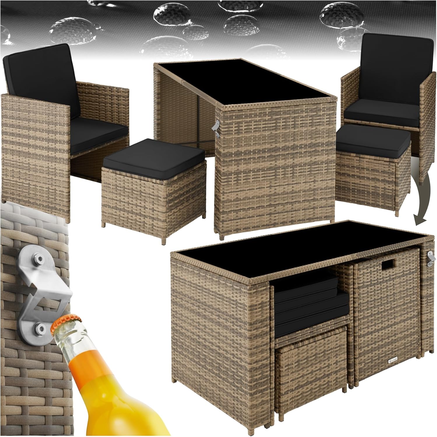 Tectake Poly Rattan Sitzgruppe, 5- teiliges Lounge Gartenmöbel Set mit Tisch, Garten und Balkon Möbel inkl. Polster, Sessel & Hocker, Natur