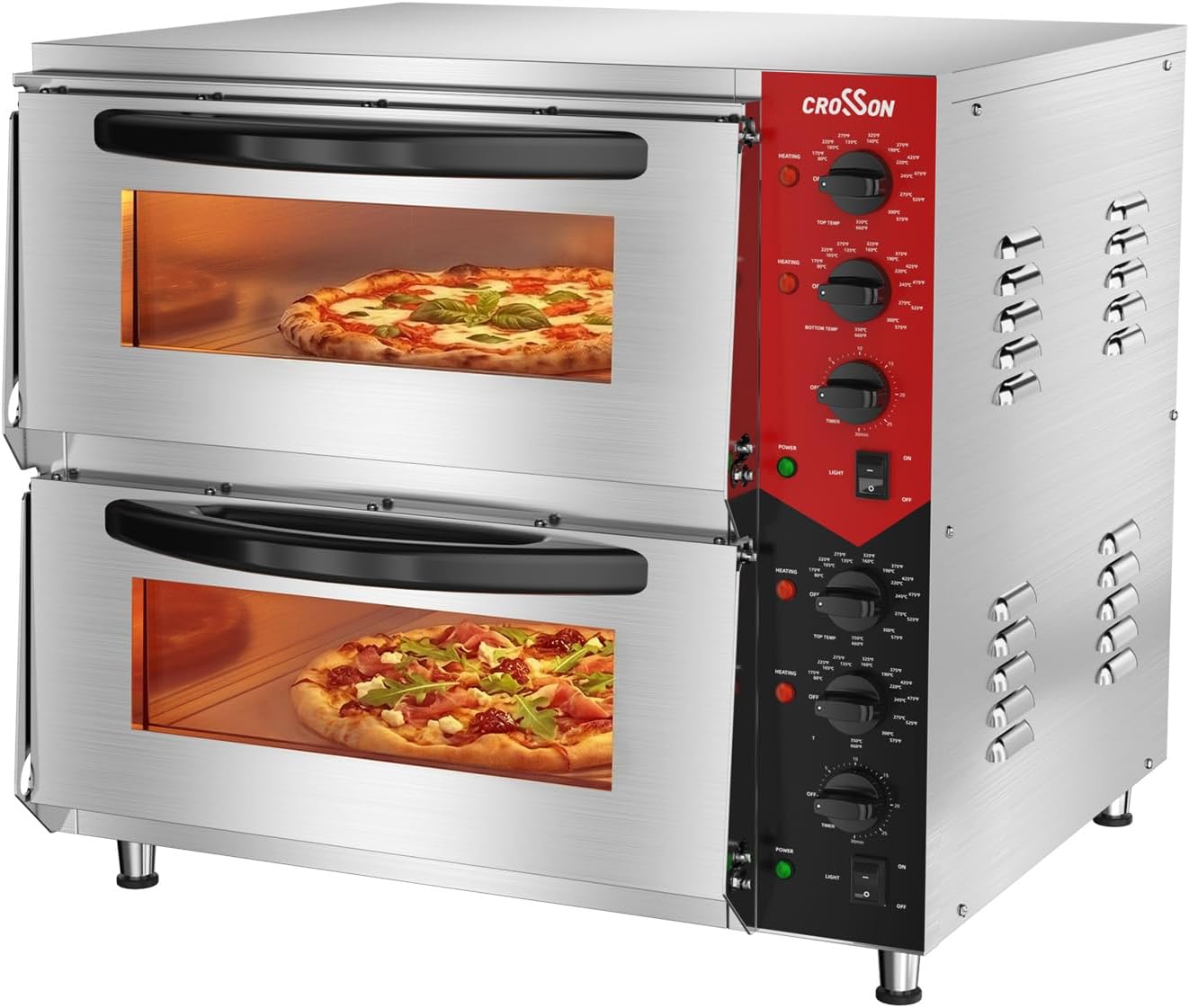 CROSSON Professional Doppel Pizzaofen mit 50 50 CM Schamottstein, Elektrischer Pizzaofen aus Edelstahl Temperatur bis 350 °C, 6000 W, 30-Minuten-Timer