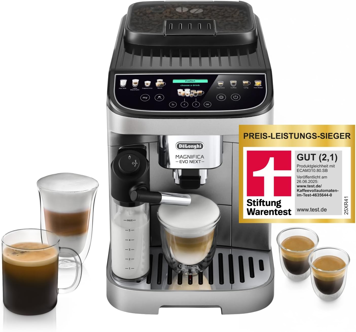 De'Longhi Magnifica Evo Next, ECAM312.80.SB, Perfetto Kaffeevollautomat mit LatteCrema-Milchaufschäumer, 13 One-Touch-Getränke, Farbiges Touch-Display