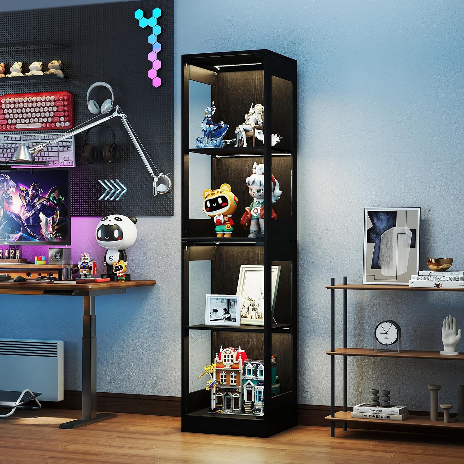 YU YUSING Vitrine mit LED Beleuchtung und Glastüren, 165 cm Glasvitrine Sammlervitrine Vitrinenschrank mit Intelligente Sensorik, Schwarz