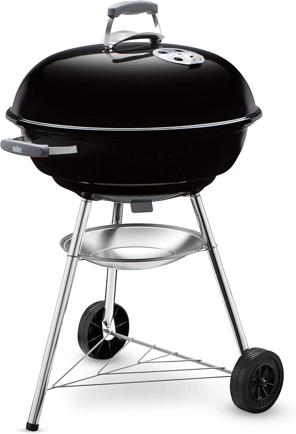 Weber Compact Kettle Holzkohlegrill/Porzellanemaillierter Deckel und Kessel, 57 cm Grillfläche, Schwarz/Silber, Dreibein-Ständer und Räder