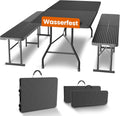 NewHabitat Kunststoff Bierzeltgarnitur Klappbar I 3er Set, HxBxT: 75 × 180 × 75 cm, Schwarz, Tisch + 2 x Bank mit Tragegriffe, Biertischgarnitur