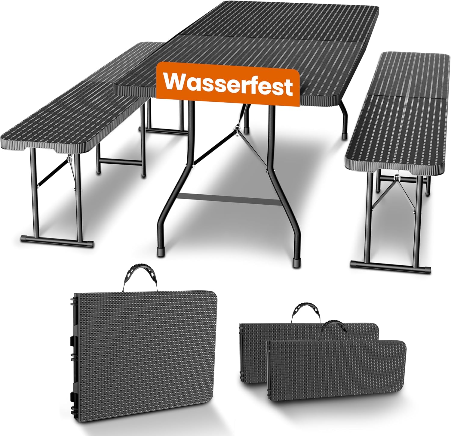 NewHabitat Kunststoff Bierzeltgarnitur Klappbar I 3er Set, HxBxT: 75 × 180 × 75 cm, Schwarz, Tisch + 2 x Bank mit Tragegriffe, Biertischgarnitur