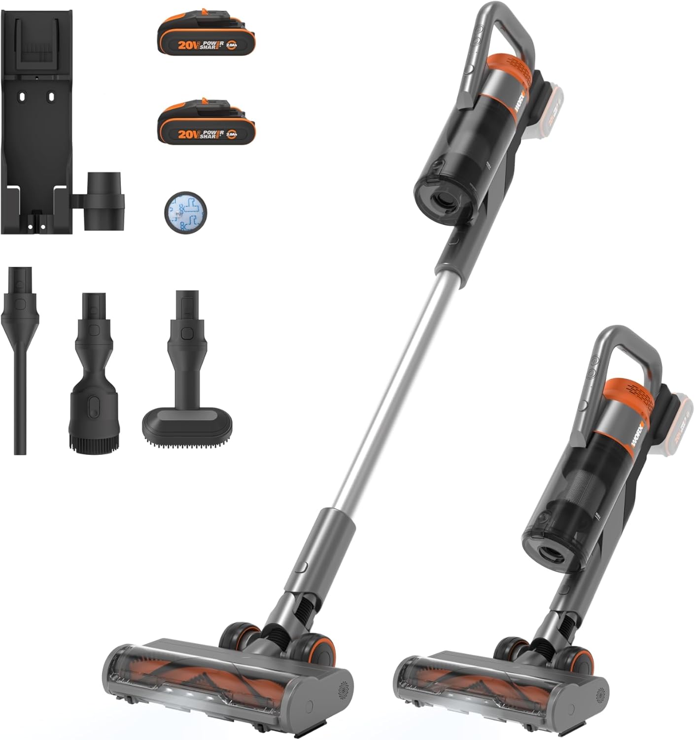 WORX 20 V Akku Staubsauger WX038,25Kpa Handstaubsauger kabellos, Inkl. 2 PowerShare Akkus und Wandhalterung Doppelladegerät, 45min Lange Laufzeit