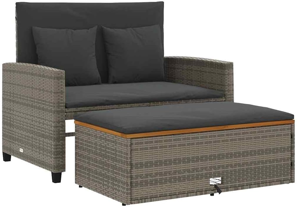 VidaXL Gartensofa mit Kissen 2-Sitzer, Grau Poly Rattan Akazienholz, Outdoor Sofa mit Hocker mit Staufach, Couch mit abnehmbarm Bezug