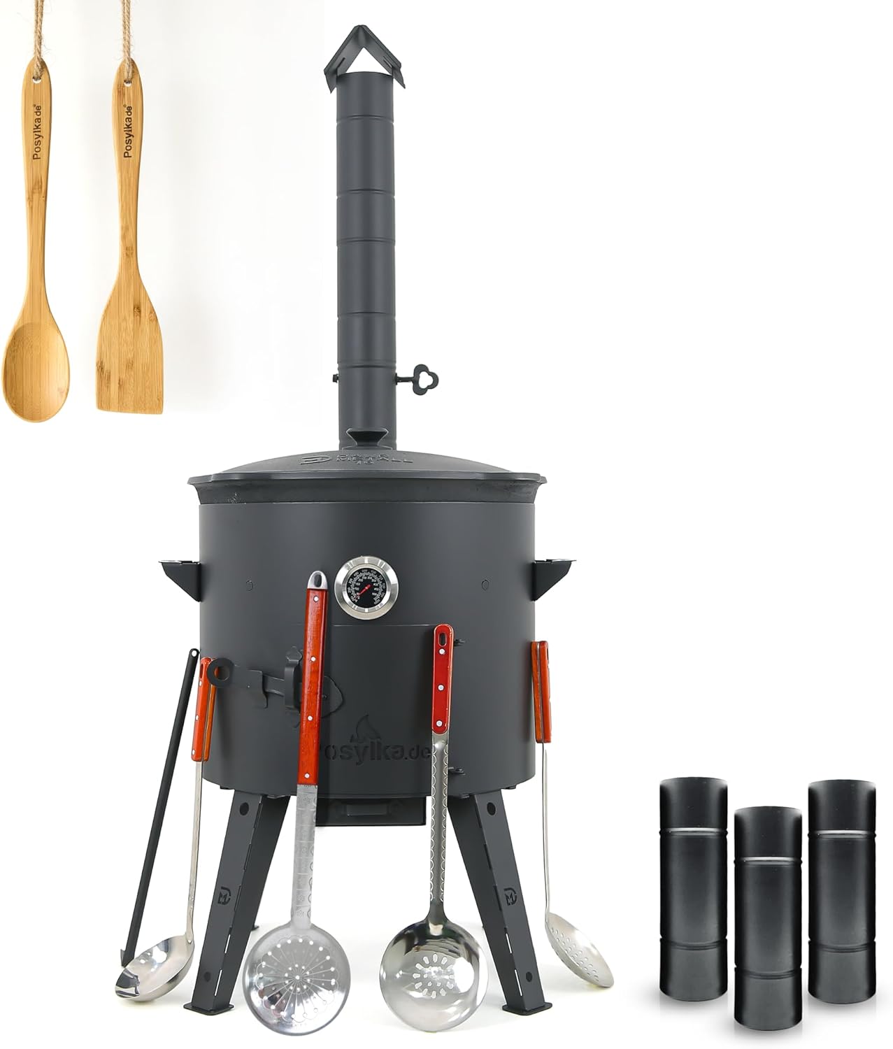 ZARENHOFF Utschak Feuerofen 44 Dutch Ov, Ø 46, 5 cm, 16 L, 44 cm, Schwarz/Holz, Kazan-Set mit Deckel, Учаг Outdoor Feuerschale & Gulaschkanone