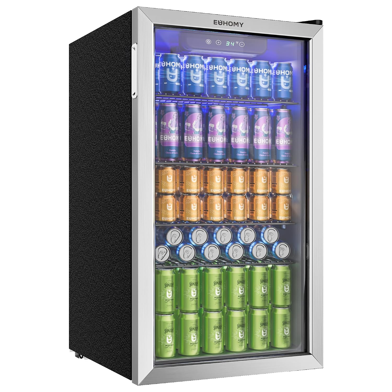 EUHOMY 90 l Getränkekühlschrank, Silber, Minikühlschrank für 126 Dosen mit Glastür, Kleiner Kühlschrank mit verstellbaren Regalen für Limonade