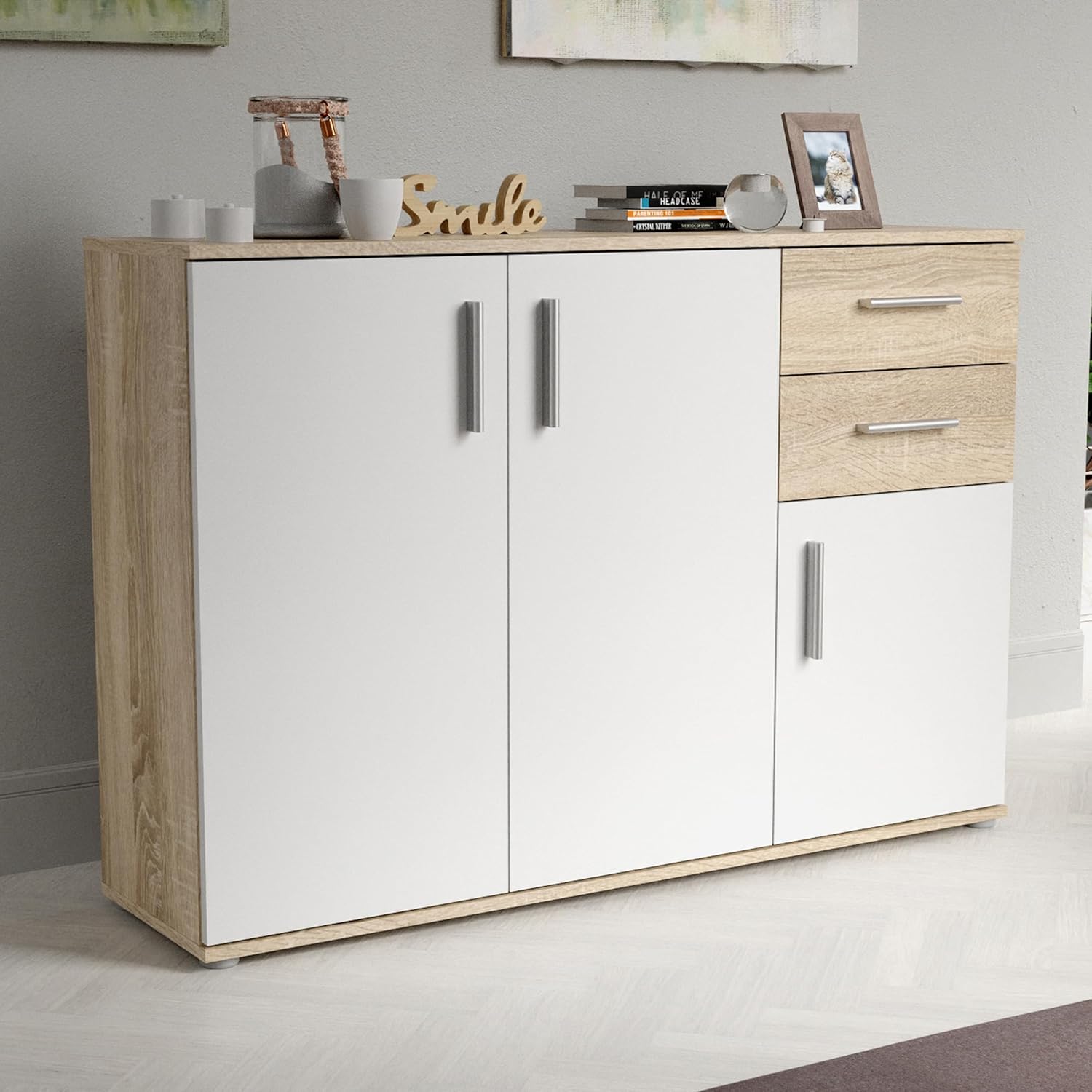 Forte IKOLI Kommode 120, 119,6 cm breit x 81,7 cm hoch x 31,4 cm tief, Moderne Kommode, 3-türig, 2 Schubladen, Wohn-/Schlafzimmer, Flur, Holzwerkstoff
