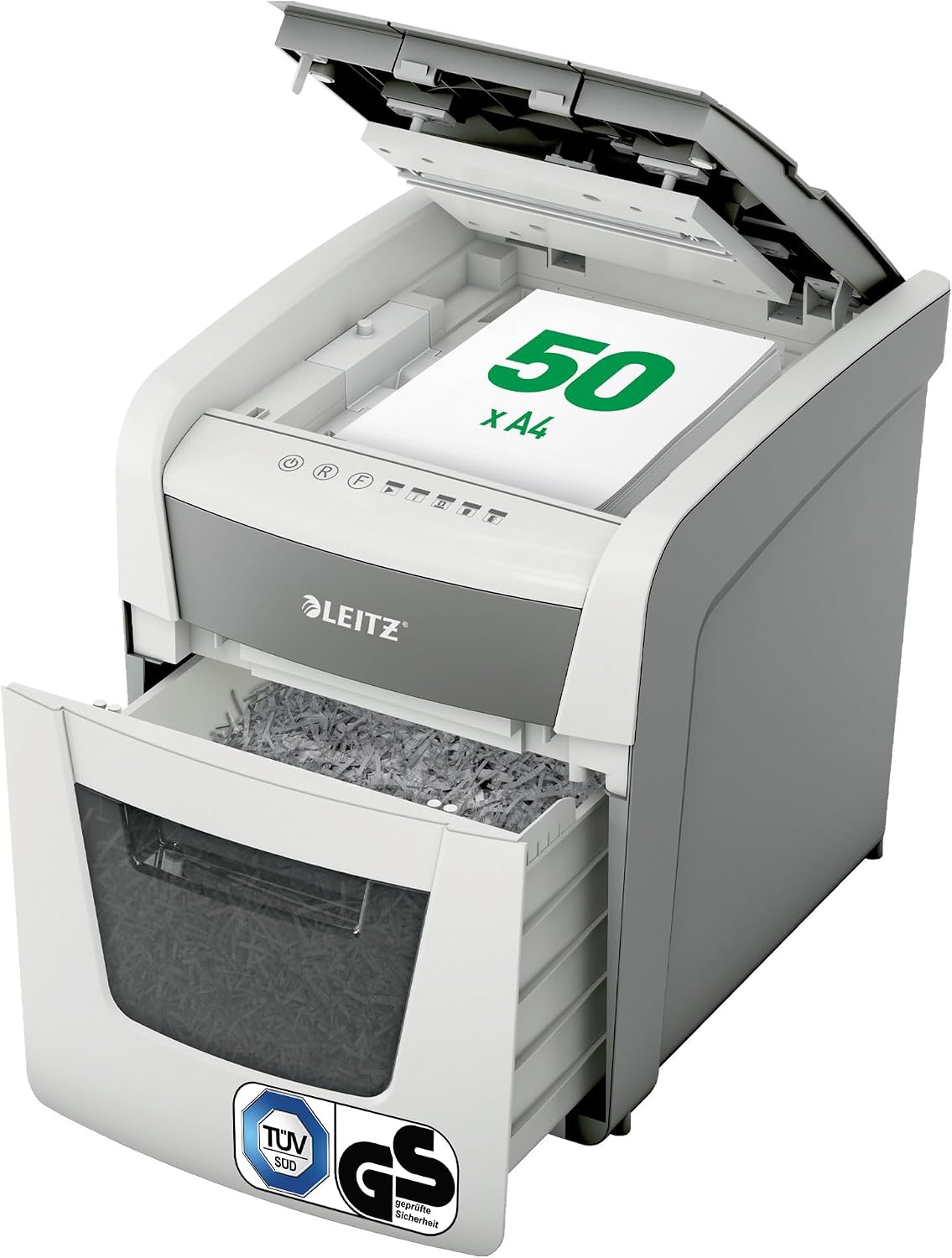 Leitz IQ Autofeed Small Office Aktenvernichter, Partikelschnitt P4,20 l Abfallbehälter, 50 Blatt Papierstapel schreddern, Leiser Betrieb für Büro