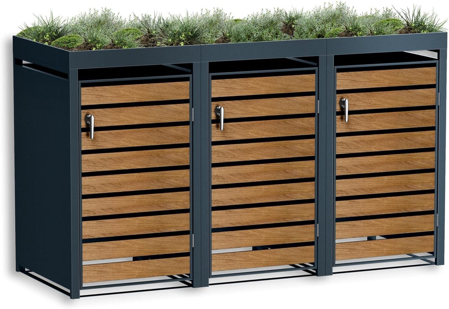 Metzler Mülltonnenbox 3er 240 l in Anthrazit & Holzoptik mit Pflanzdach & Sichtstreifen, Mülltonnenverkleidung 3 Tonnen mit Automatikdeckel