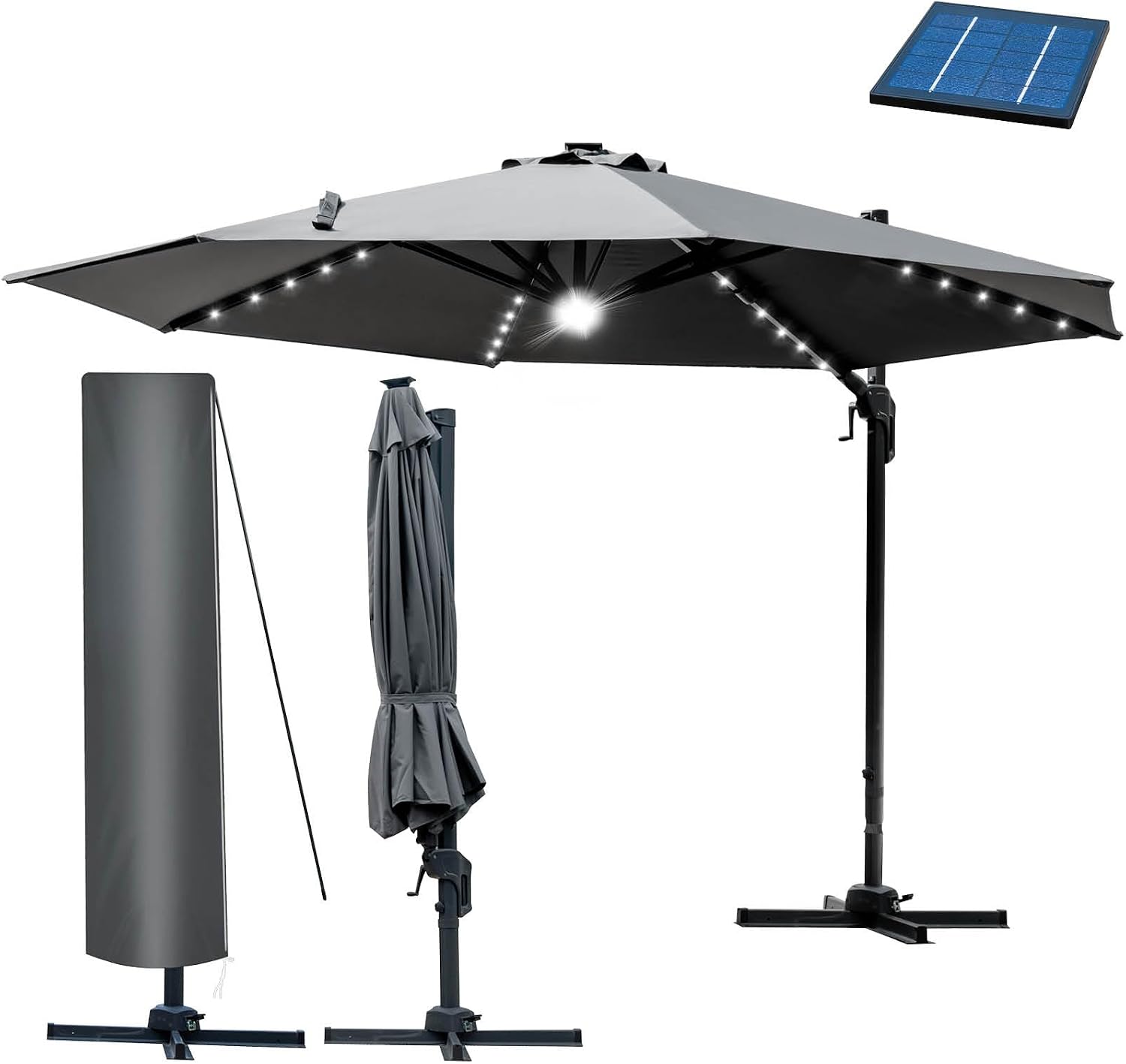 BRAST Alu Sonnenschirm Ampelschirm, Ø300 cm Grau + LEDs, TÜV geprüft, Viele Modelle, UV-Schutz 50+, Wasserabweisend, Drehbar & höhenverstellbar