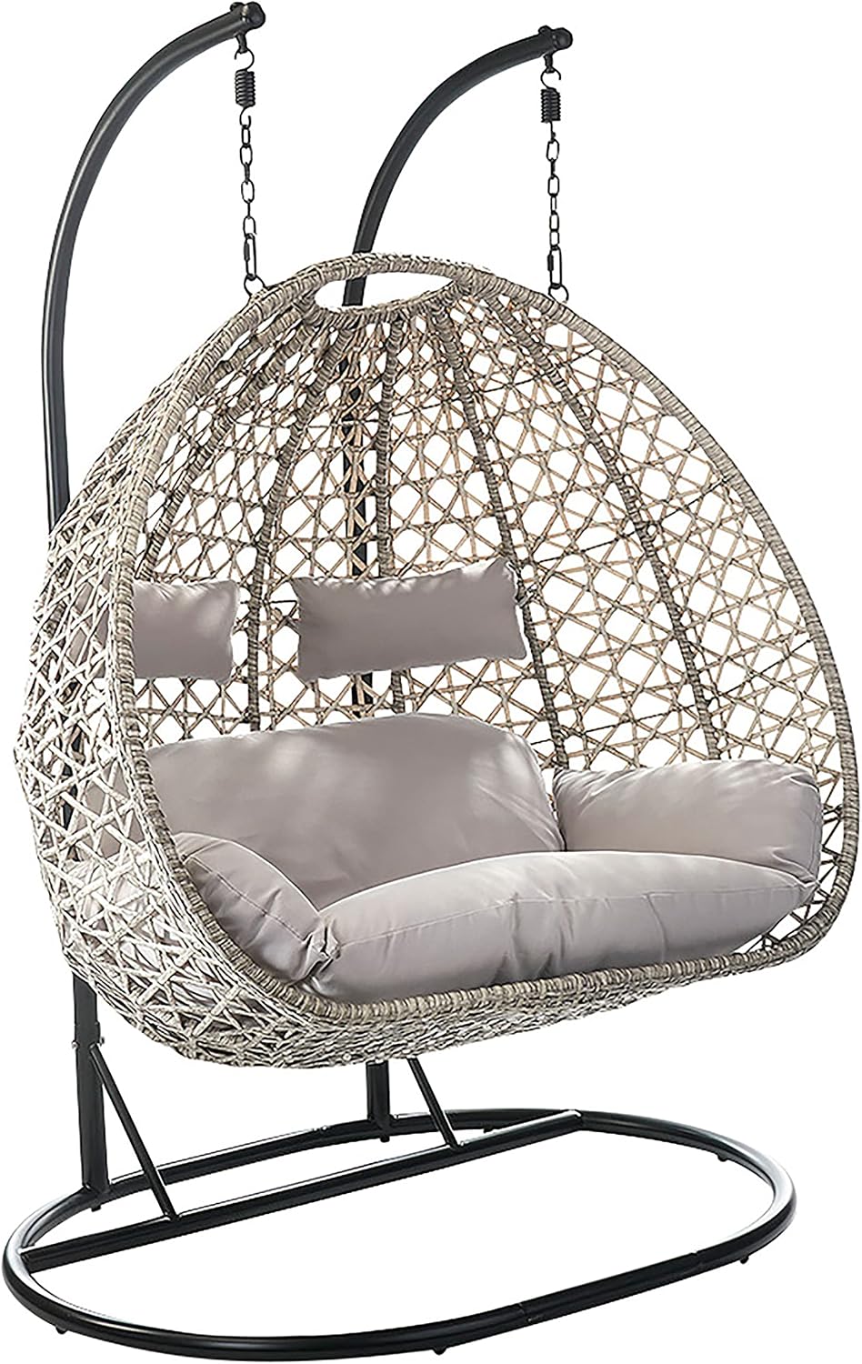 Kobolo Hängesessel Hängekorb , Polyrattan, für Zwei Personen inkl Gestell und Kissen Beige, Beige/Schwarz