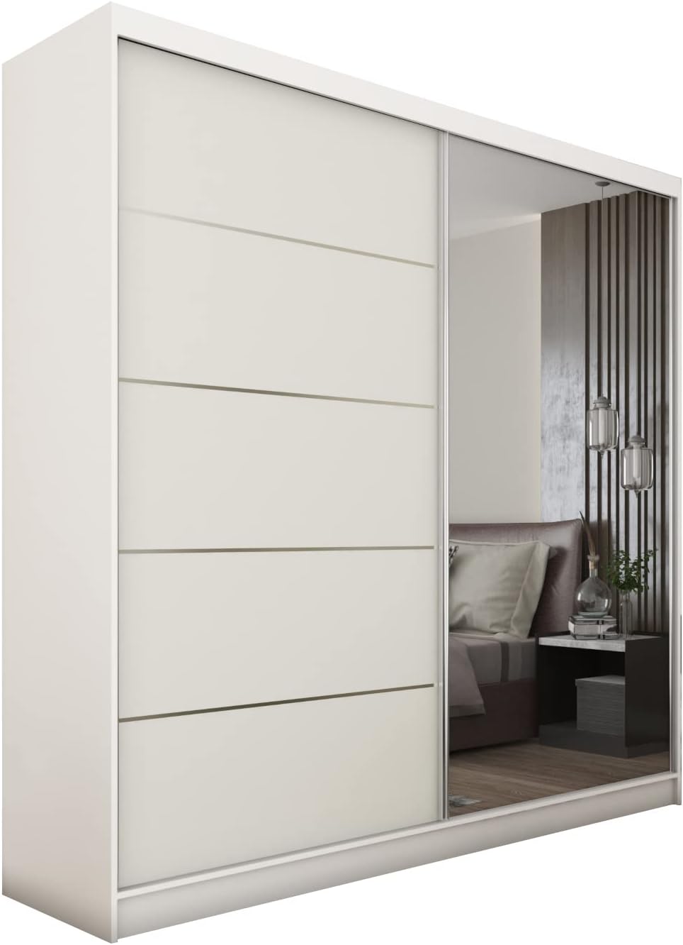 MEBLINI Kleiderschrank mit Spiegel, 200 cm, 2 Türen, Schwebetürenschrank mit Kleiderstange, Schlafzimmerschrank mit Einlegeböden, Wardrobe Closet