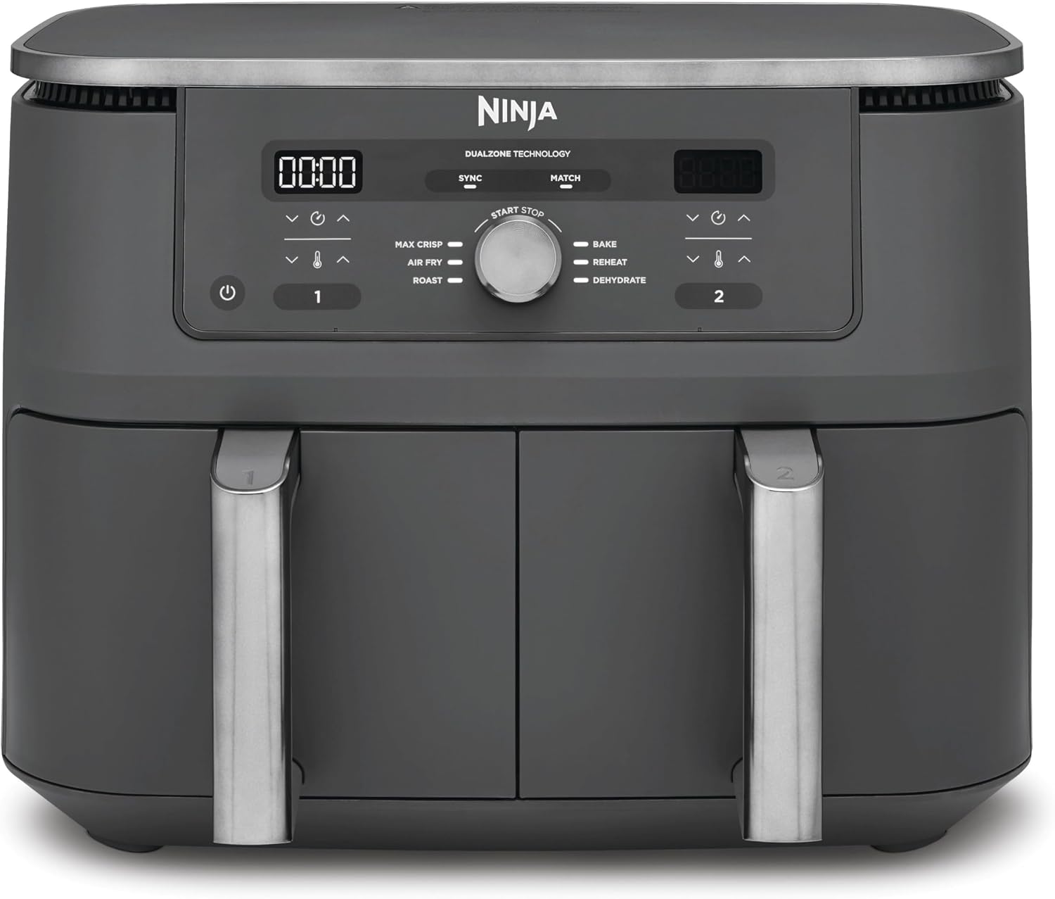 Ninja Dual Zone Digital Air Fryer, Metallic Grau DZ400EU, 9,5 l, 2 Schubladen, 6-in-1, Heißluft-Frittieren, Max Crisp, Spülmaschinenfeste Körbe