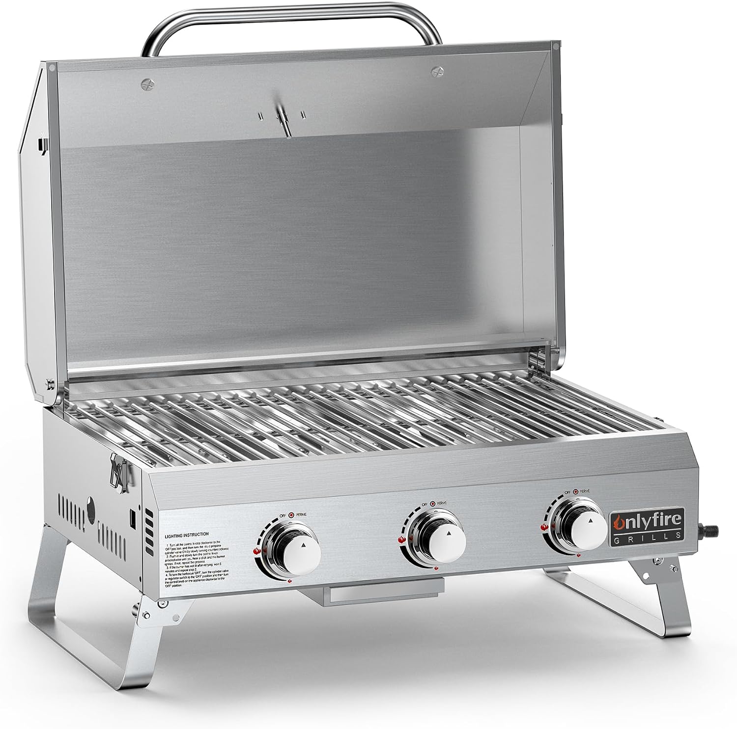 Onlyfire 3 Brenner Tragbarer Gasgrill, 7 Kw, Grillfläche 56,5 × 34 cm, Tischgasgrill mit Grillrost, Mit Thermometer, Deckel, Klappbaren Beinen