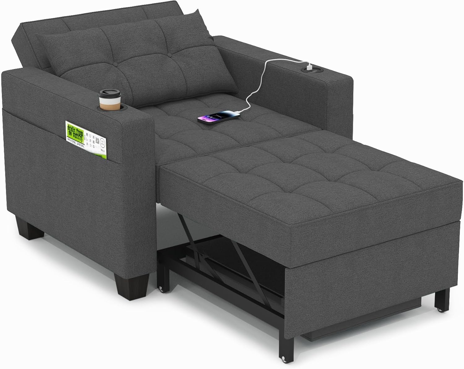 DURASPACE Schlaferstuhl, 3-in-1 umwandelbarer Stuhl Bett, Ausziehbarer Schlafsessel, Schlafsofa mit USB-Anschlüssen, Getränkehalter für kleinen Raum